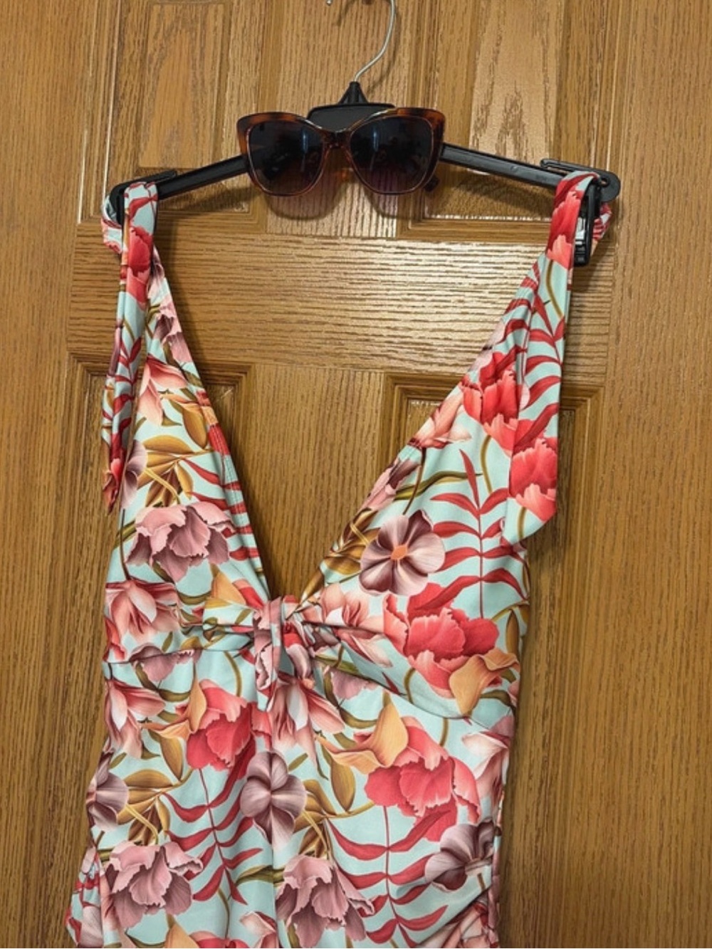 Nicole Miller Mint Floral Tie-Front One-Piece Swimsuit with Coral Blooms